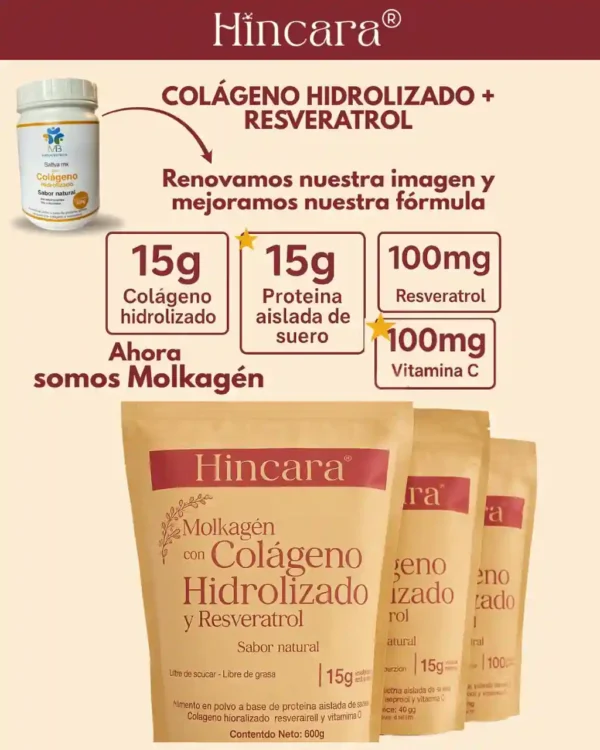 MOLKAGÉN CON COLÁGENO HIDROLIZADO, RESVERATROL Y VITAMINA C - SABOR NATURAL.  600g - HINCARA.